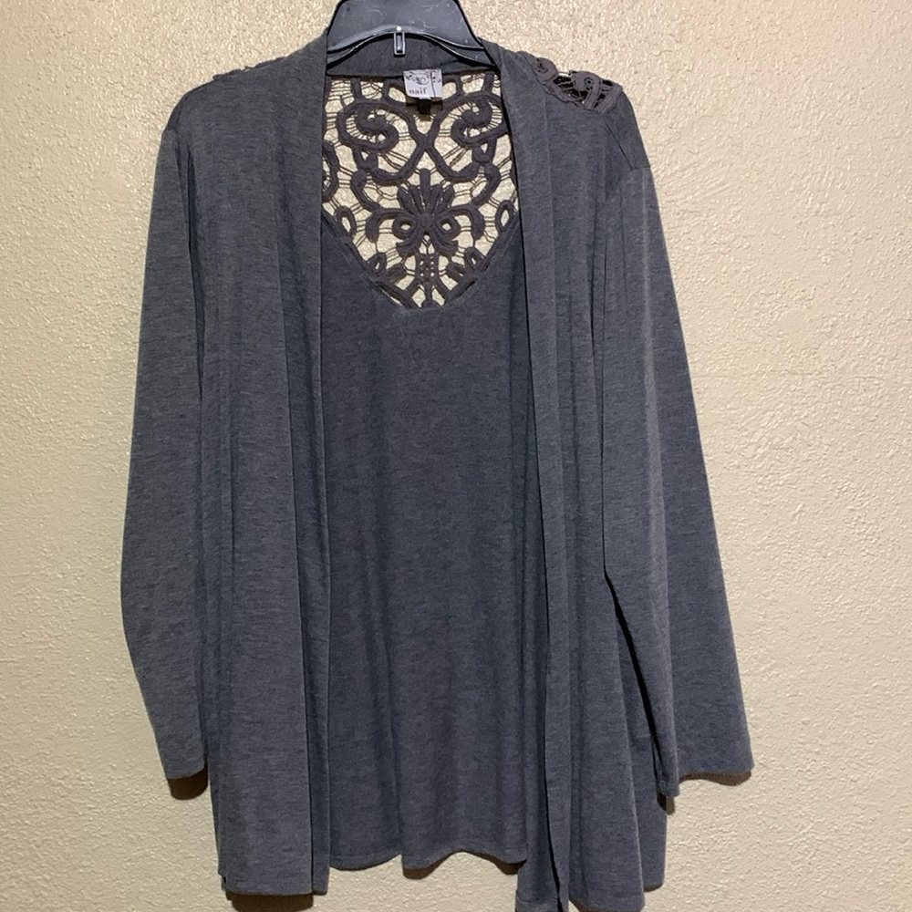 naif Sweater Open Cardigan 1X Gray Stretchy Back Lace Detail Long Sleeve Rayon